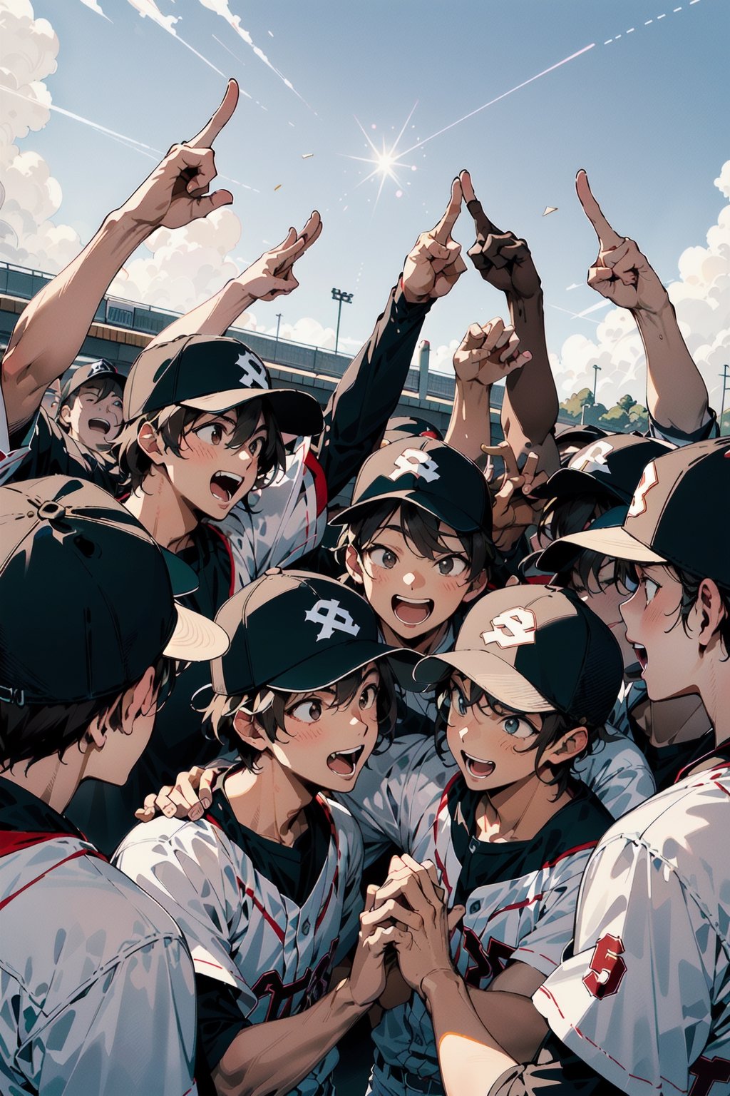 (Japanese high school baseball),(pitcher's mound),(15 high school boys in uniform gathered and crowded together),(circle of joy),(all the characters are excitedly extending their index fingers to the sky)