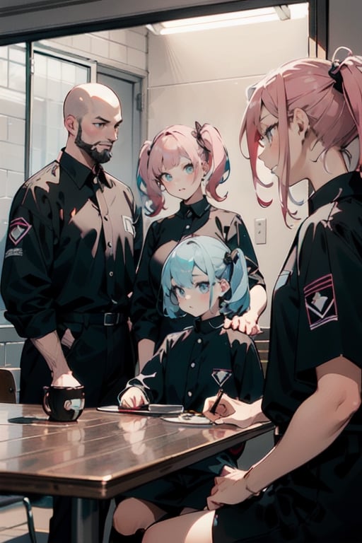 It depicts three people dressed in pitch black prison uniforms. They are one bald-headed, bearded middle-aged man and two very young elementary school girls, one with a short bob cut of light blue hair color. The other has pink hair-colored twin-tails.They debate intensely.
In the background, they are in a prison cell with fashionable PCs, sitting around a dining table, eating and discussing.