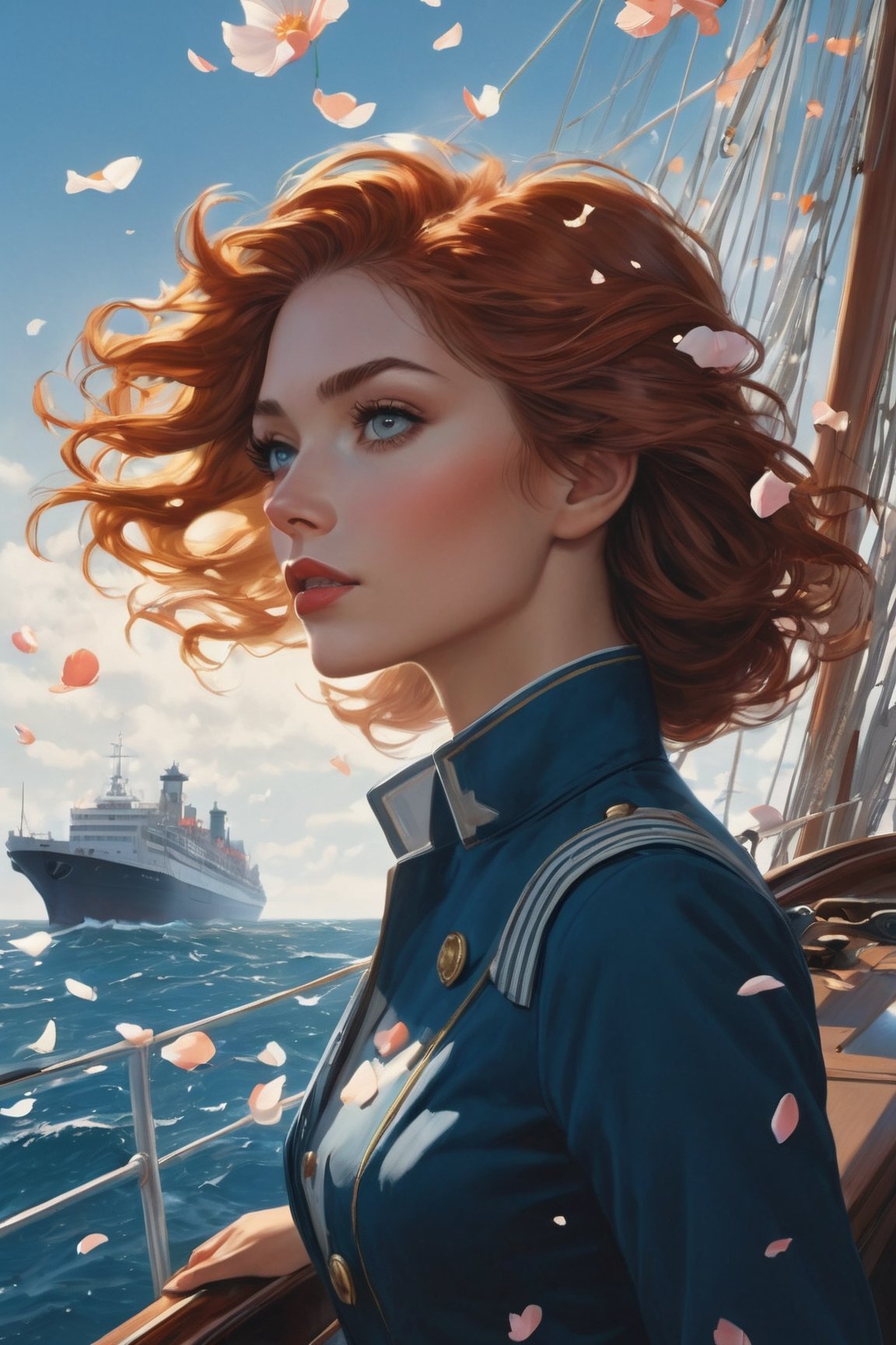 (Highest picture quality), (Prioritizing the exceptional image quality and astonishing level of detail), generate an awe-inspiring (photorealistic:1.1) a female,on ship,wind,missing someone sadly, petals,artwork portrait, adam hughes, sexy,Film Still,4nime style,greg rutkowski,xray
