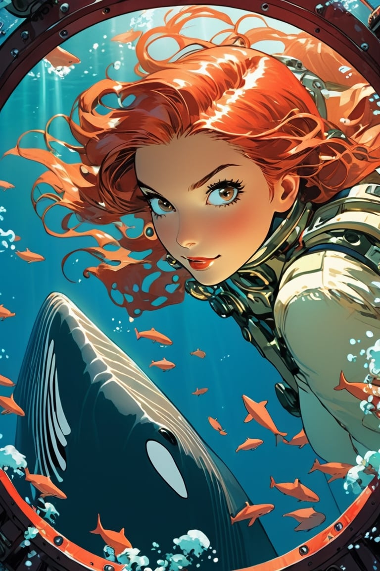 Anime artwork, Girl, red head, sitting beside a large port hole, inside a submarine, underwater scene, whales, art by J.C. Leyendecker . anime style, key visual, vibrant, studio anime, highly detailed,ClassipeintXL,LaxpeintXL