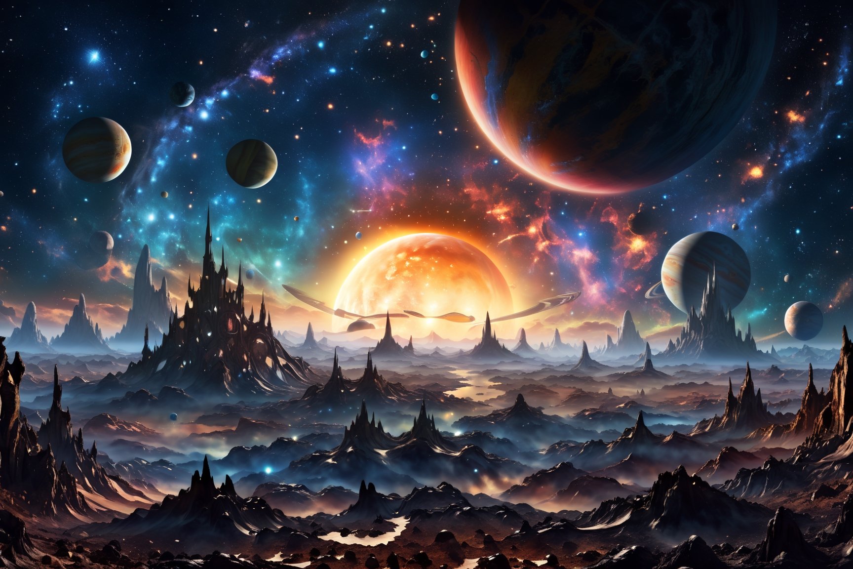 A magical landscape from another world full of beauty and magic, planets seen in the distance of a stary sky,