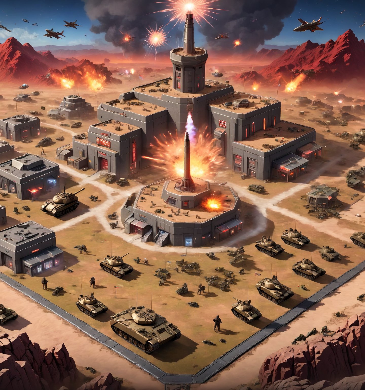 An image of the popular game Command and Conquer , with a battlefield showing tanks and planes , a HQ base with defensive walls , large Tesla coils. Isometric view