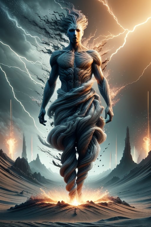 [Prometheus] full body, rule of thirds, sixteen year old Prometheus as Mesopotamian god Šubula, charcoal skin tone, god of underworld, wearing black and navy, ash and soot in the air, lightning raining down, gray sand desert in the background, cinematic, ultra detailed, visually rich, concept art, intricate details, extremely detailed, ultra sharp focus, attention to detail, grandeur and awe, stunning visual masterpiece, double exposure, 32k, photorealistic, strong outlines, cinematographic scene, highest quality,DonM3l3m3nt4l