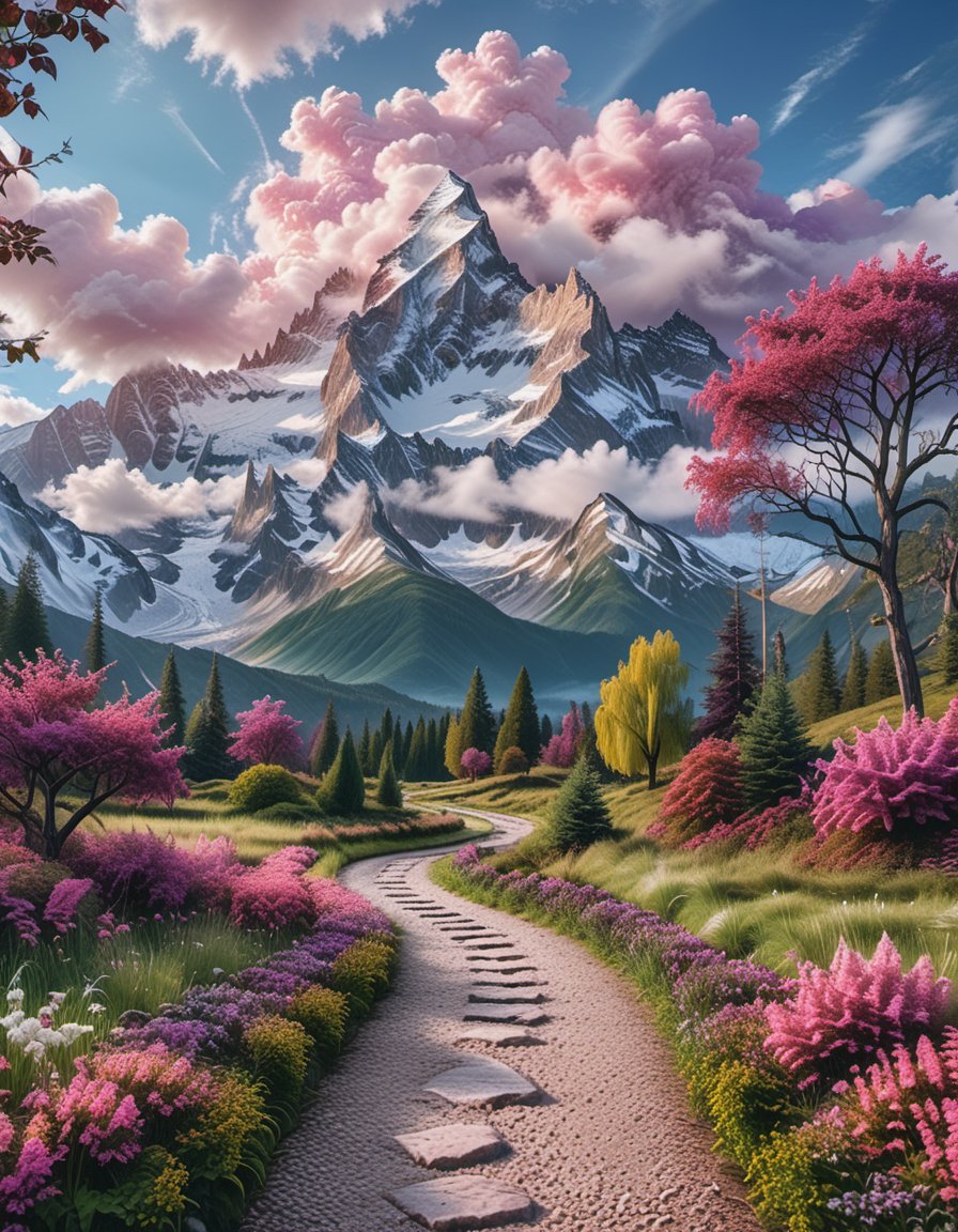 a beautiful fantasy landscape, with mountains and trees, and a majesty sky with white fluffy coulds, the grass is pink and dark purple, that brings magic to the place, it was morning day cinematic 8k photography shot by Sony cameras, ultra realistic,more detail XL