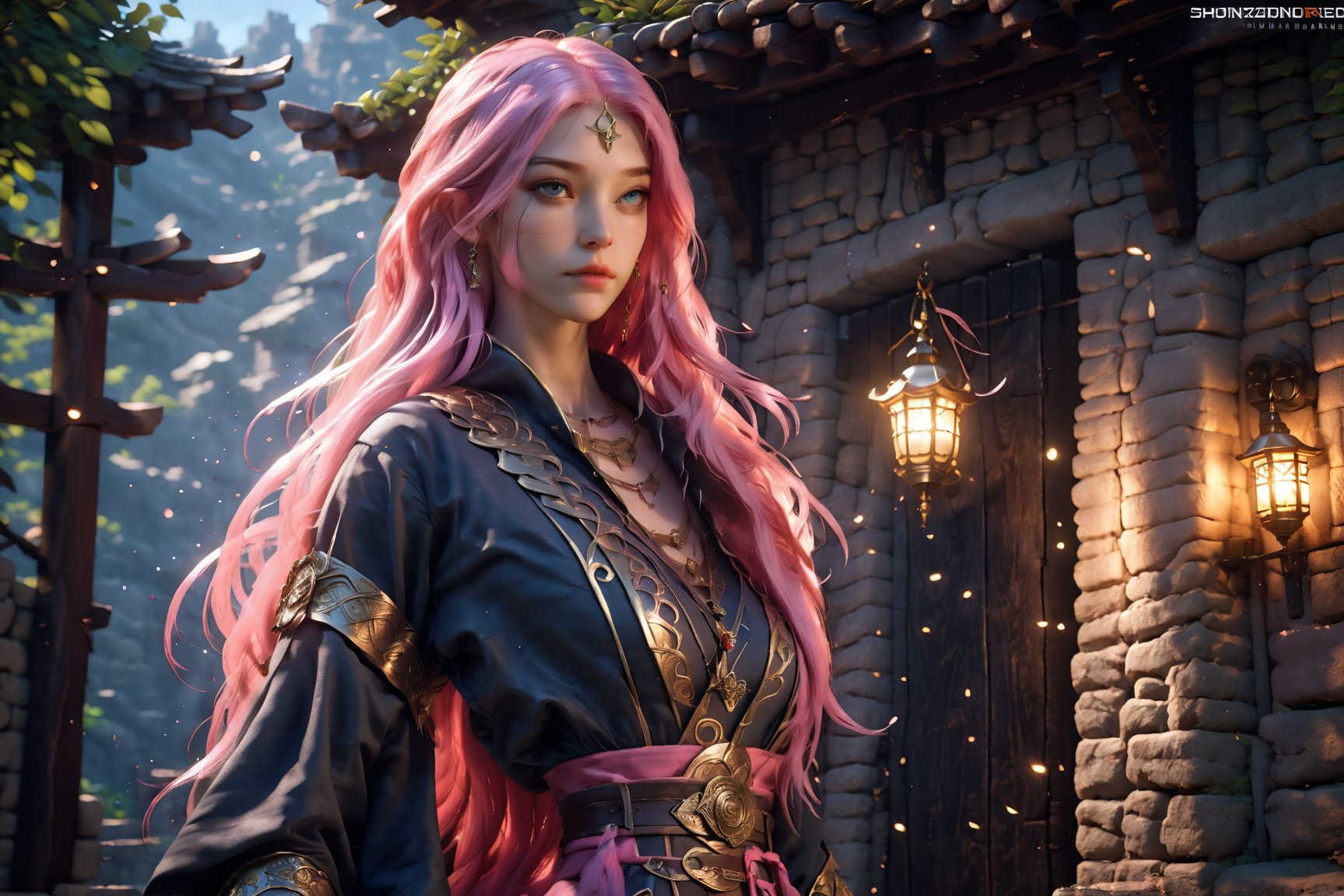 Ultra detailed of Elysian anime assassin girl, Pink long hair, in black robe, Middle century, Barrels indoor, RPG game style, stone wall house, blue hour,  DOF, fair skin, beautiful body, Rich in details High quality, Dutch angle, dynamic pose, bokeh, detailed decoration, detailed lines, glamorous, super anime detail, 3200K gorgeous light and shadow, glowing shadows, holy light leak, glittery jewellery, Rim Lighting, Octane render, painted realism, photorealistic, 8k, fantasy digital art, HDR, UHD.