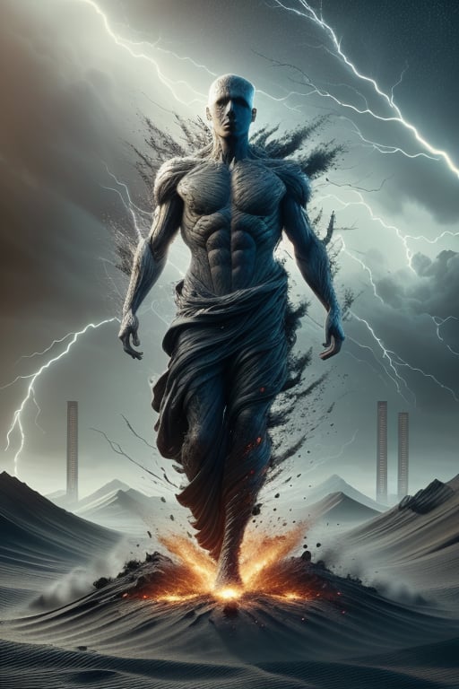 [Prometheus] full body, rule of thirds, sixteen year old Prometheus as Mesopotamian god Šubula, charcoal skin tone, god of underworld, wearing black and navy, ash and soot in the air, lightning raining down, gray sand desert in the background, cinematic, ultra detailed, visually rich, concept art, intricate details, extremely detailed, ultra sharp focus, attention to detail, grandeur and awe, stunning visual masterpiece, double exposure, 32k, photorealistic, strong outlines, cinematographic scene, highest quality,DonM3l3m3nt4l