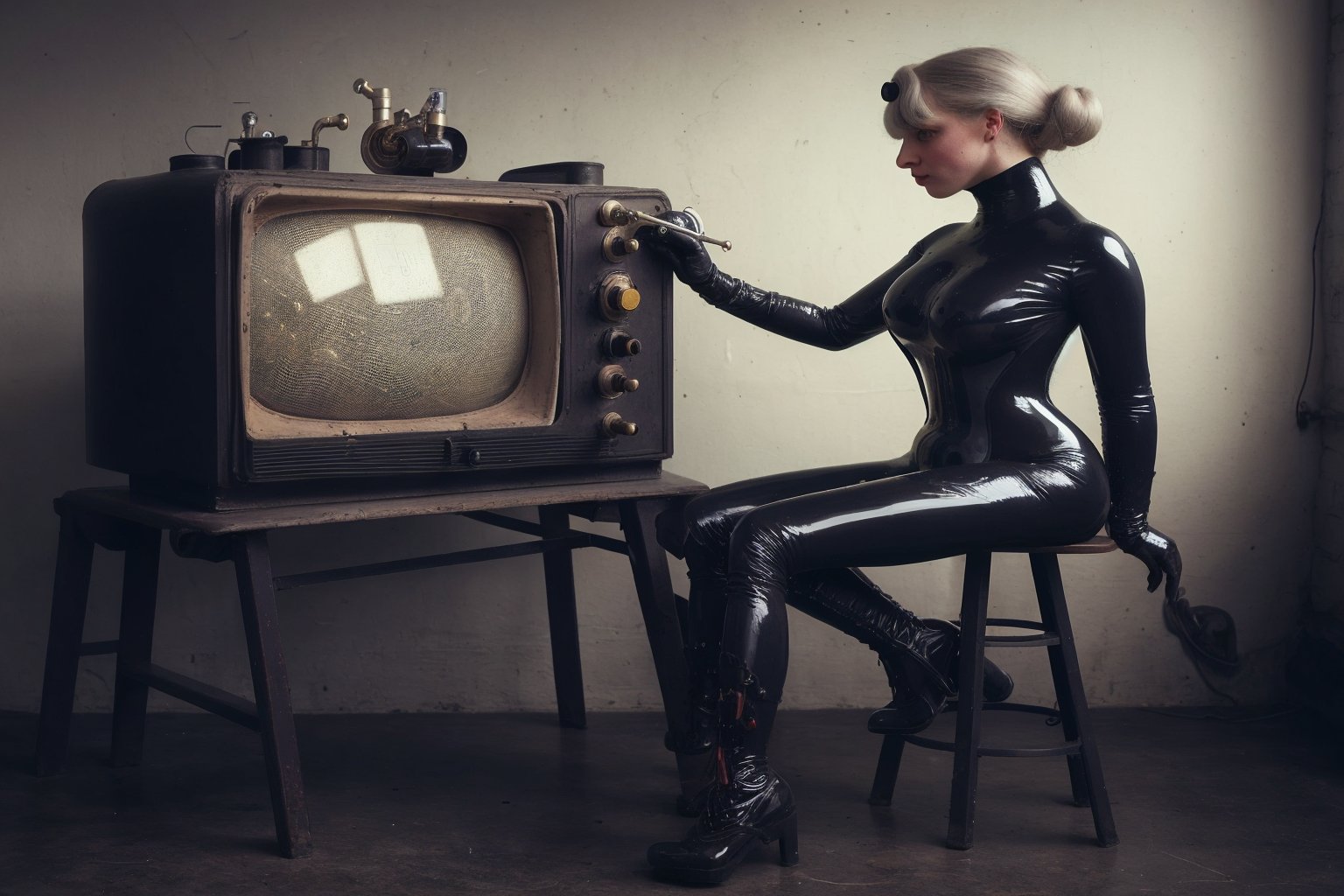 victorian era ladies dressed in rubber full bodysuit with strange metal contraptions and are interested in science