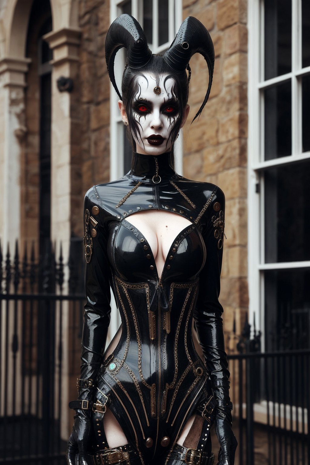 woman wearing whole body rubbersuit with straps and metal parts,she looks like pale demon,fantasy clothes obscure fantasy