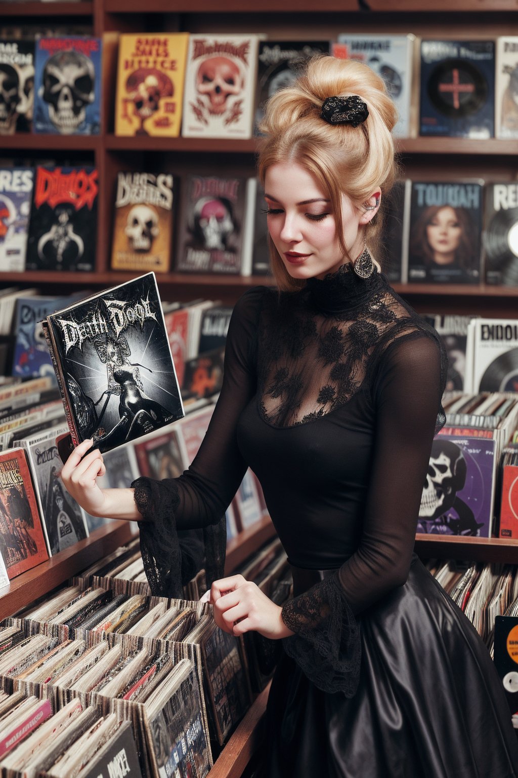 1800´s glamour model woman in record store browsing latest death metal records