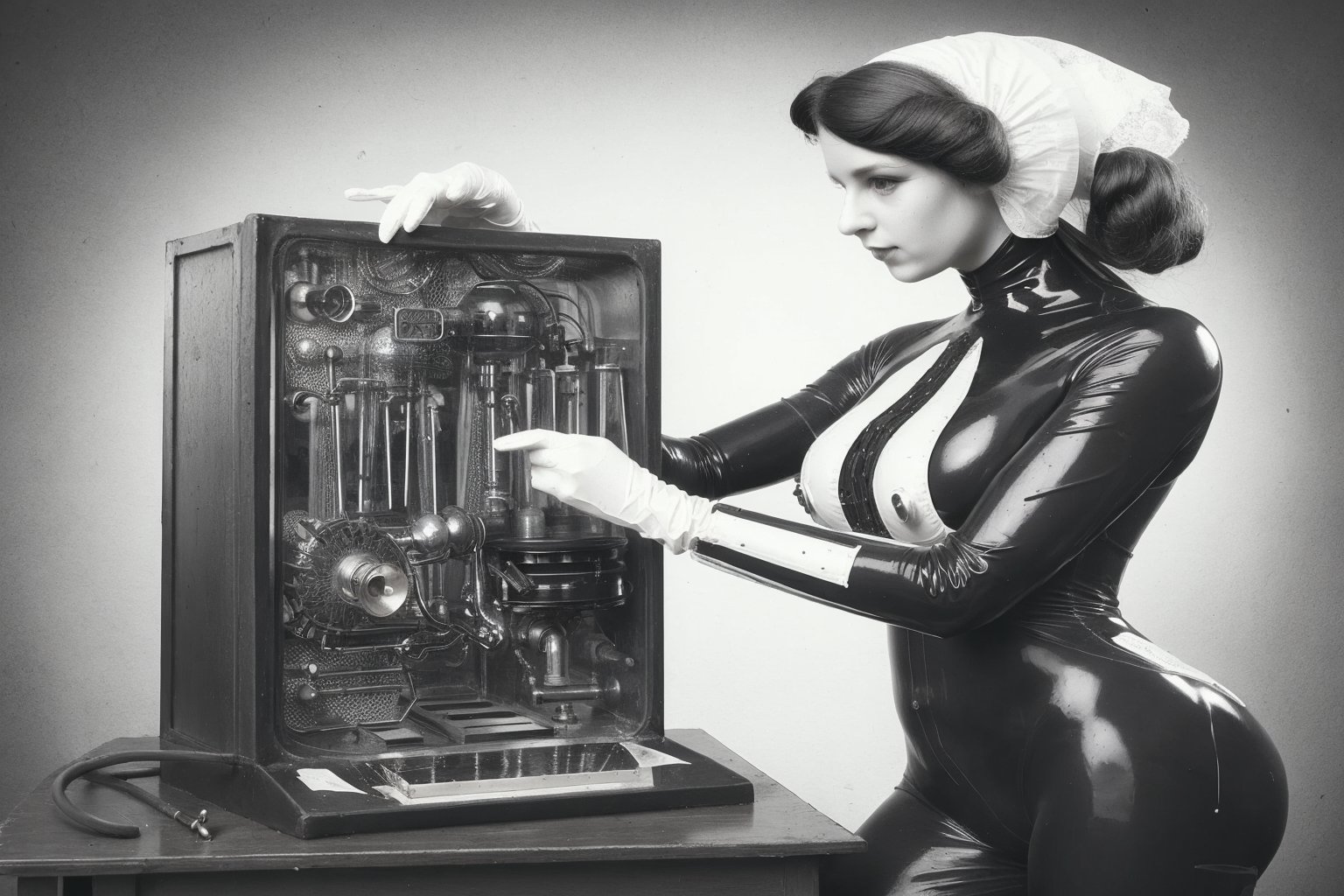 victorian era ladies dressed in rubber full bodysuit with strange metal contraptions and are interested in science