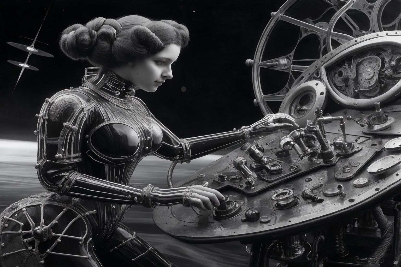 victorian era ladies dressed in rubber full bodysuit with strange metal contraptions and are interested in science