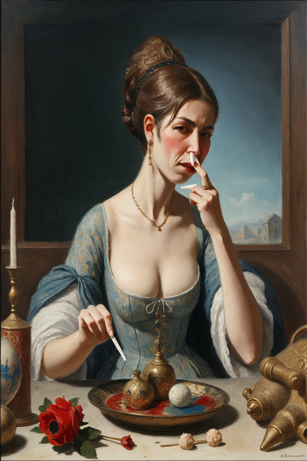 painting of a reneissance era woman picking her nose