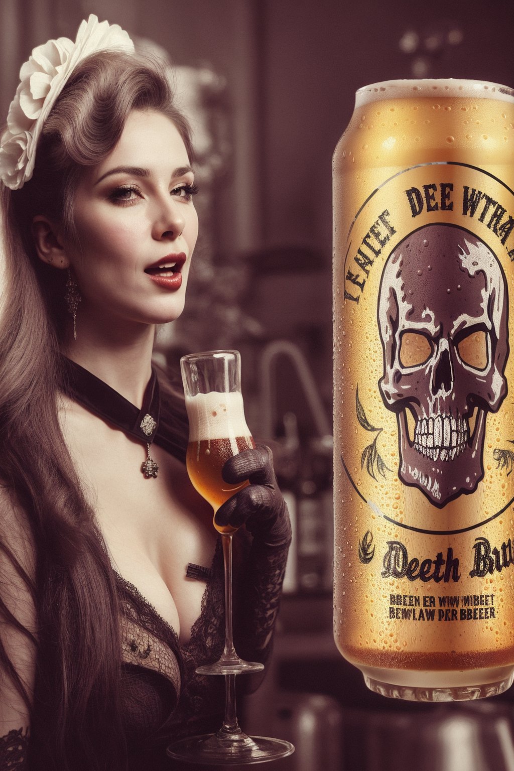 1800´s glamour model woman on beer commercial for the brand new death metal beer strong and tasty