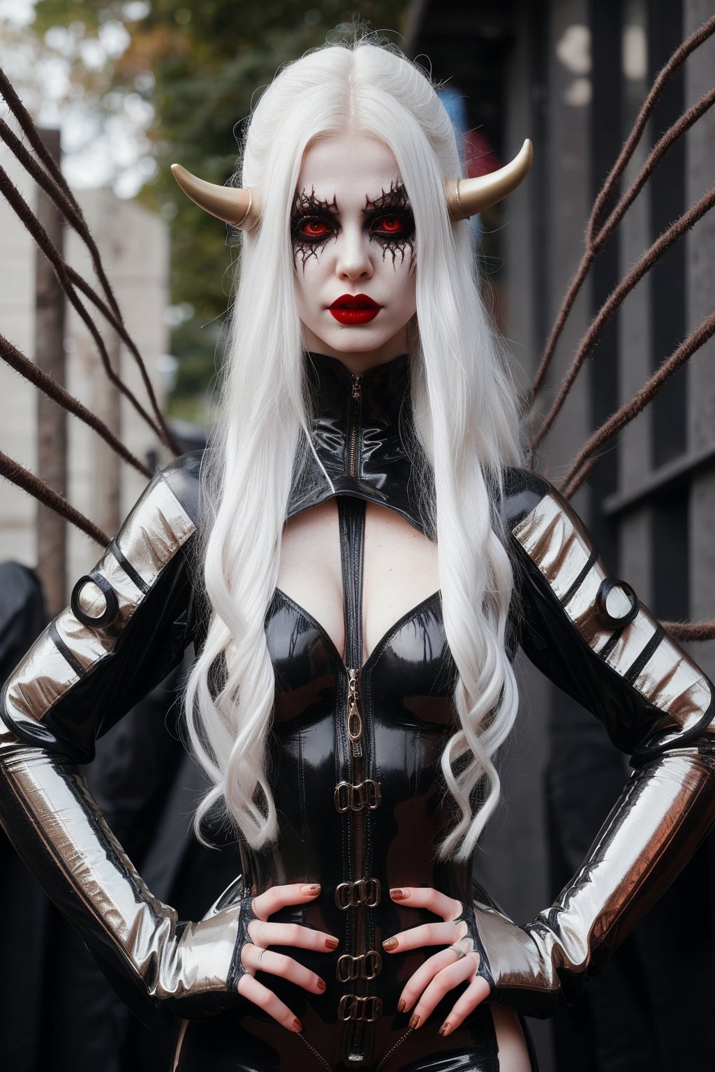 woman wearing whole body rubbersuit with straps and metal parts,she looks like pale demon,fantasy clothes obscure fantasy