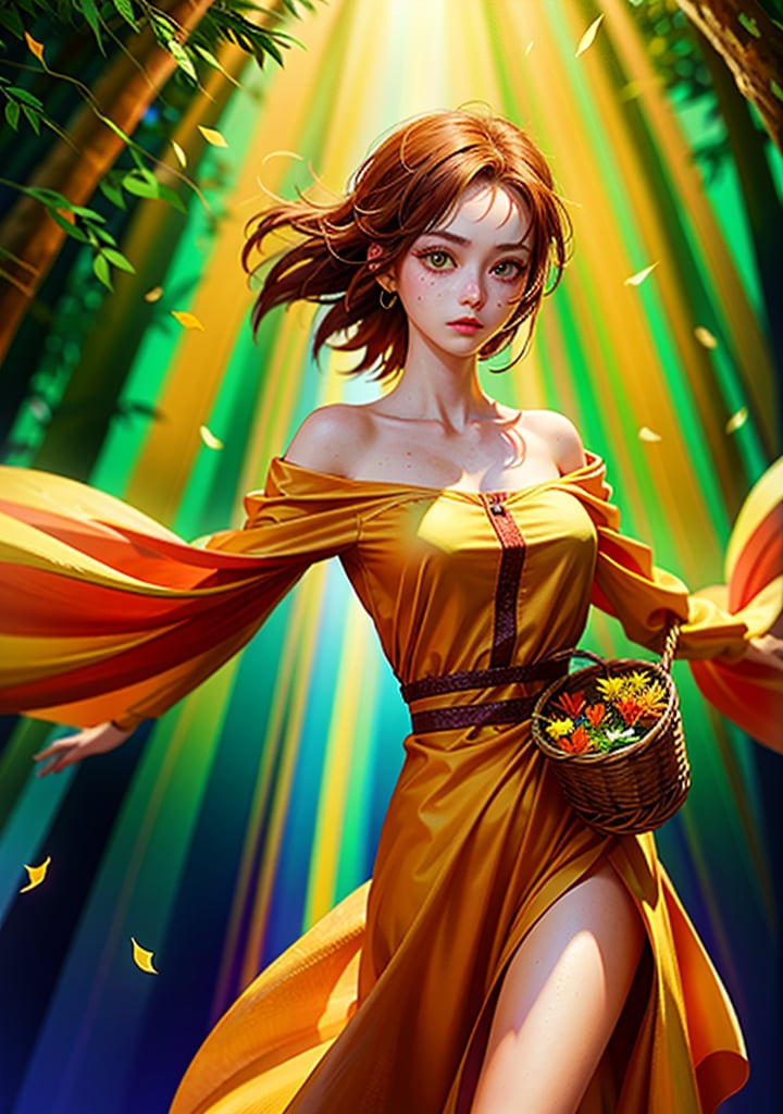 A girl in a sunlit forest, framed by an orange backdrop. Her fair skin glows, hazel eyes reflecting nature's hues, and chestnut hair dances like flames. She wears colors that harmonize, a wisp of hair swaying. Freckles adorn her cheeks like constellations. Her eyes, a focal point, convey unspoken emotions. With a basket of wildflowers in hand, she's connected to nature. Light and shadow play, adding depth to this captivating 8K masterpiece.