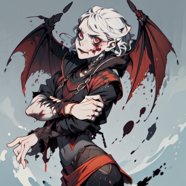 Cursed Bloodline,boy with wings:
Craft an artwork showcasing a character from a cursed bloodline, emphasizing the darkness that courses through their veins and the struggles they face.
