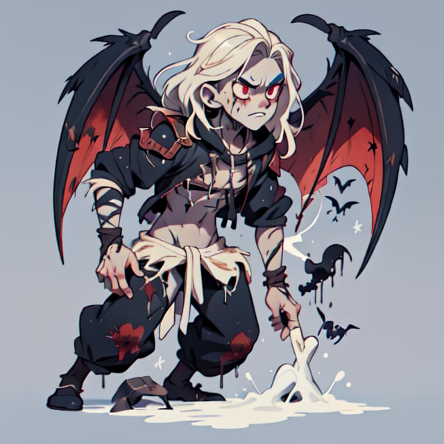 Cursed Bloodline,boy with wings:
Craft an artwork showcasing a character from a cursed bloodline, emphasizing the darkness that courses through their veins and the struggles they face.
