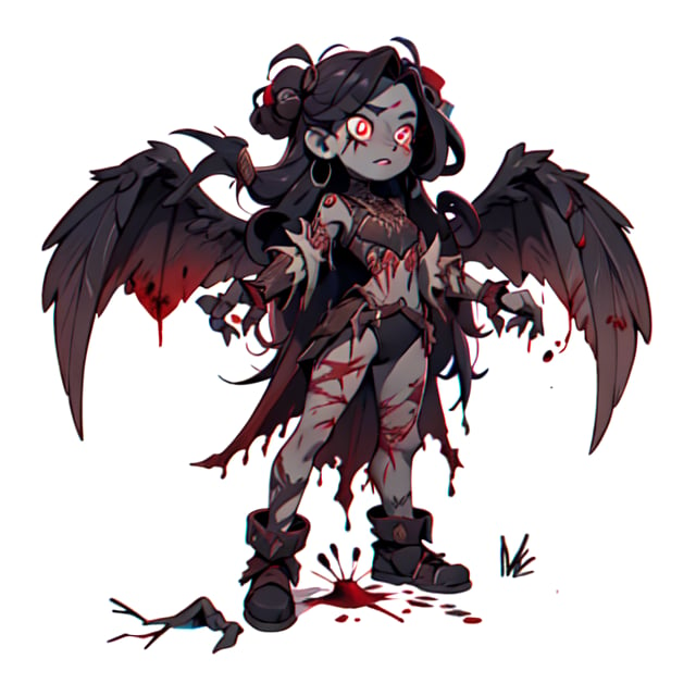 Cursed Bloodline,Girl with wings:
Craft an artwork showcasing a character from a cursed bloodline, emphasizing the darkness that courses through their veins and the struggles they face.
