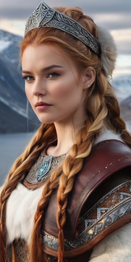 Generate hyper realistic image of a Viking-inspired queen, wearing a royal dress crafted from fur and leather, her long hair adorned with intricate braids. Place her in a Nordic landscape with rugged mountains and a ship on the horizon.