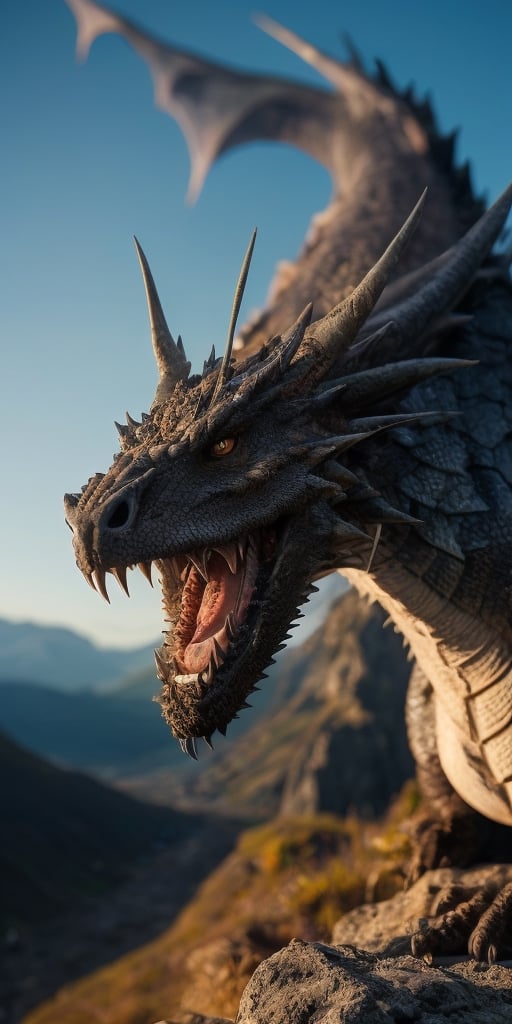  Create a hyper realistic dragon roaring on the mountain. dominating , fierce, brutal, up close face, sharp focus, highly detailed.,