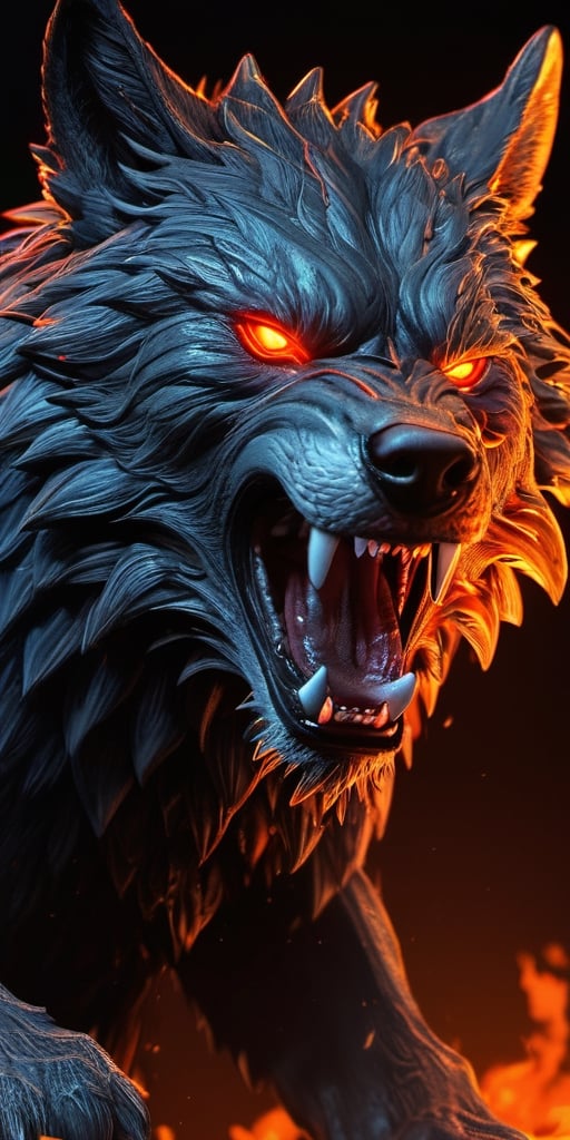 Create a lava wolf growling, from its mouth dripping lava , fire from eyes, enemy of humanity, screeching, up close, dark night, sharp focus, highly detailed,