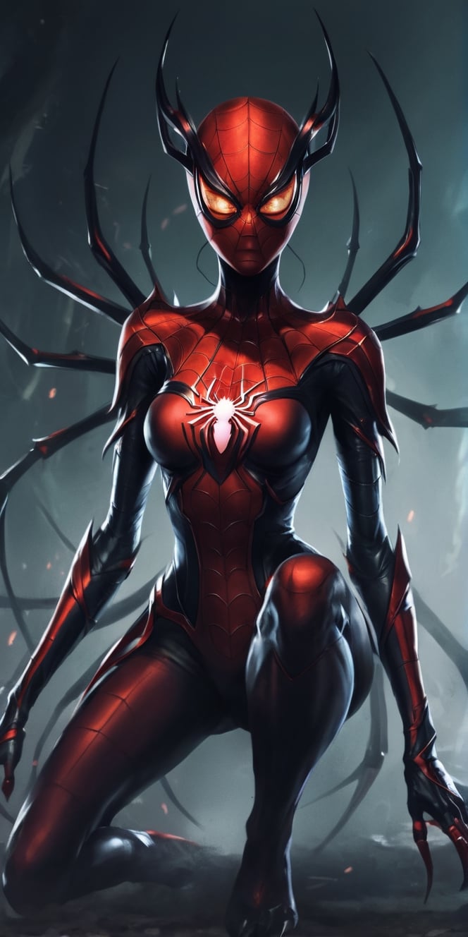 create a image of Spider queen with upper female body  waiting for her prey, lower spider body, beauty , dark and red colours, , human killer. ,Real,More Detail,more detail XL,Movie Still,monster
