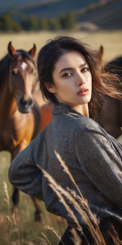 Generate hyper realistic image of a woman as she poses amidst a field of wild horses, her windswept hair mirroring their untethered freedom, her fearless gaze mirroring their wild and untamed nature