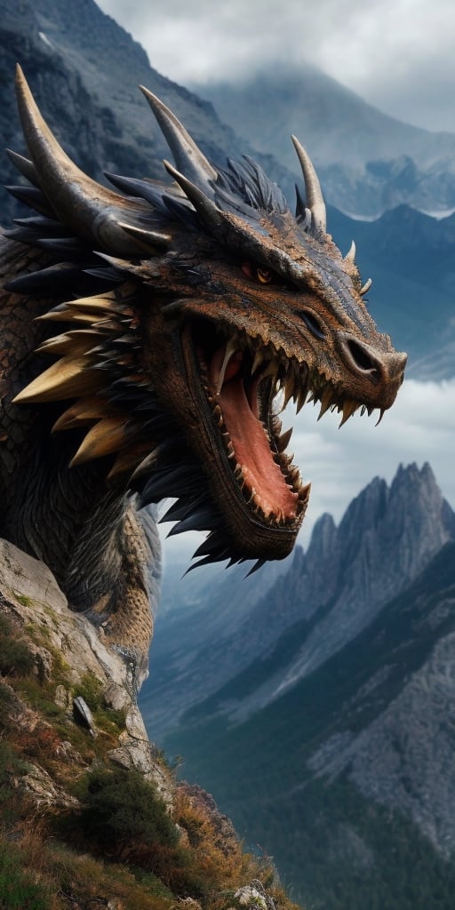  Create a hyper realistic huge dragon roaring on the mountain. dominating , fierce, brutal, up close face, sharp focus, highly detailed.,