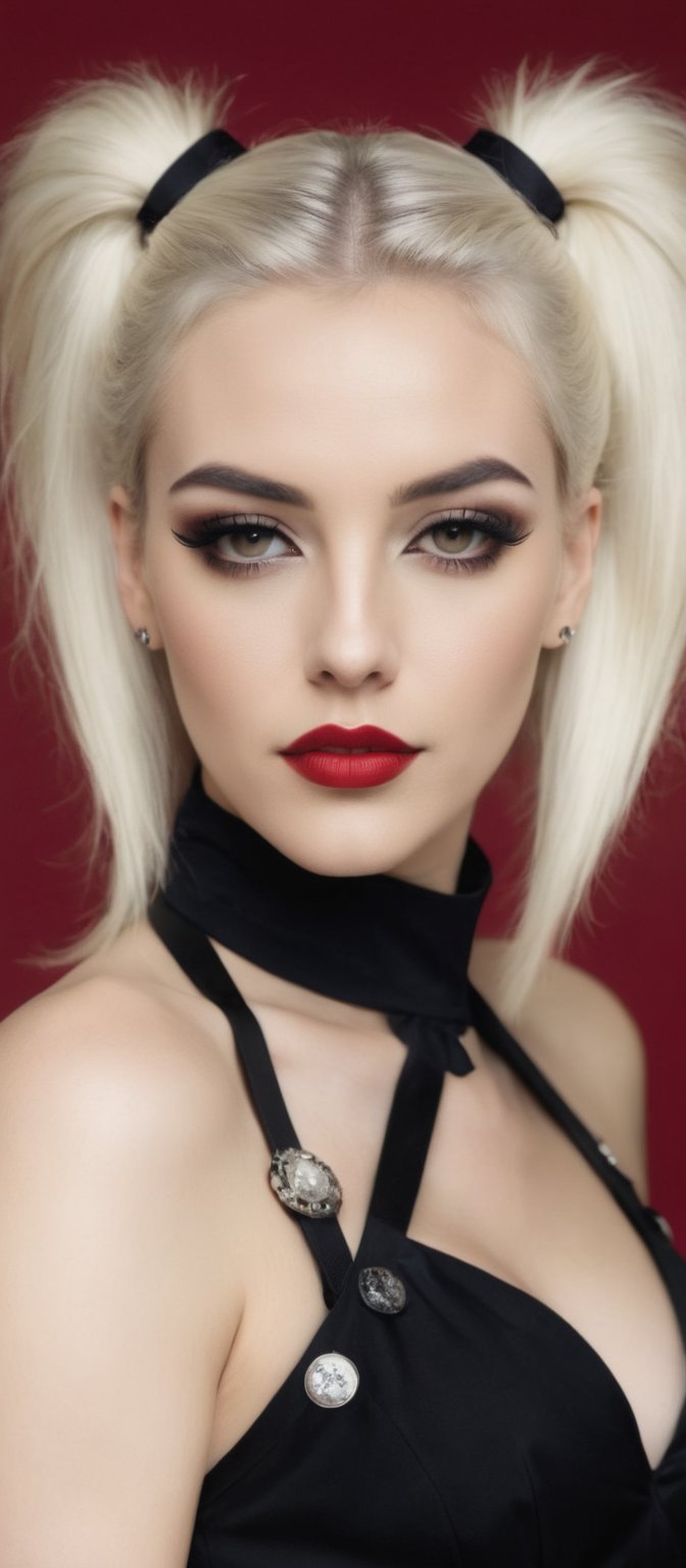 Generate hyper realistic image of a woman with long, platinum blonde hair styled in high twin tails. The hair is sleek and straight. Her makeup is bold, with dark, defined eyes and red lipstick. She is wearing a striking asymmetrical dress that combines black, white, and red. The dress is form-fitting and has a half-black, half-red design. It features a V-neckline and a fitted bodice, with a flared, short skirt. The dress is embellished with buttons down the front and black harness-like straps. She is wearing a choker with a long, cross-like pendant. 