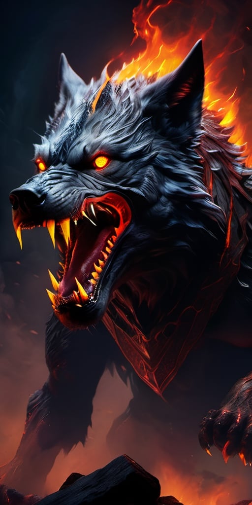 Create a lava wolf growling, from its mouth dripping lava , fire from eyes, enemy of humanity, screeching, up close, dark night, sharp focus, highly detailed,