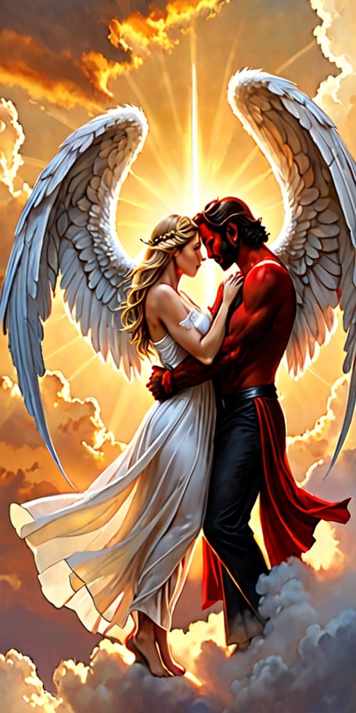 Generate hyper realistic image of a heartwarming scene where an angel and a devil share a tender embrace, their contrasting wings intertwining, against a backdrop of golden clouds and ethereal light, capturing the essence of celestial warmth.Extremely Realistic, up close, 