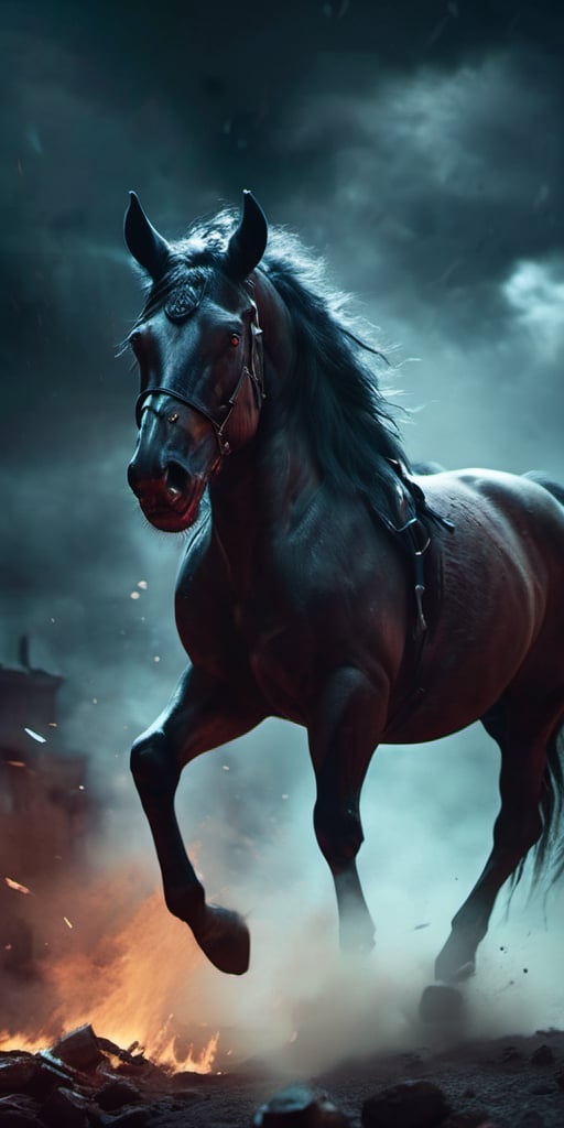 Create a Horse from hell running towards viewer, agressive, zombified,screeching, craving for human meat. cloudy night, sharp focus, highly detailed,