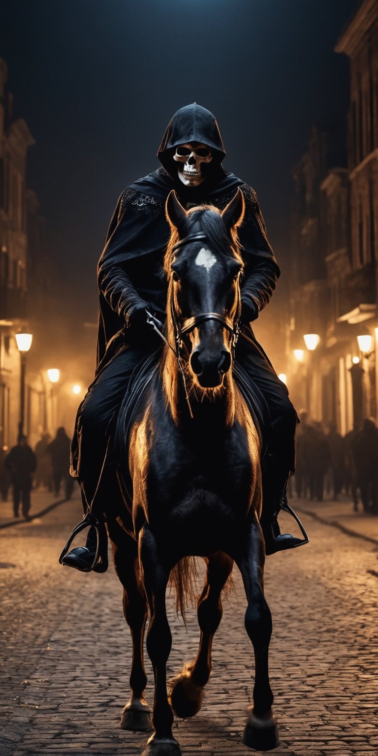 create a hyper realistic image of Death rider on horse riding in old city, skull face , wearing black cloack , flaming body , zombified horse, dark mood, pitch black night , illuminited by old street lamps.,.highly detailed . high_resolution, highly detailed, sharp focus.8k,