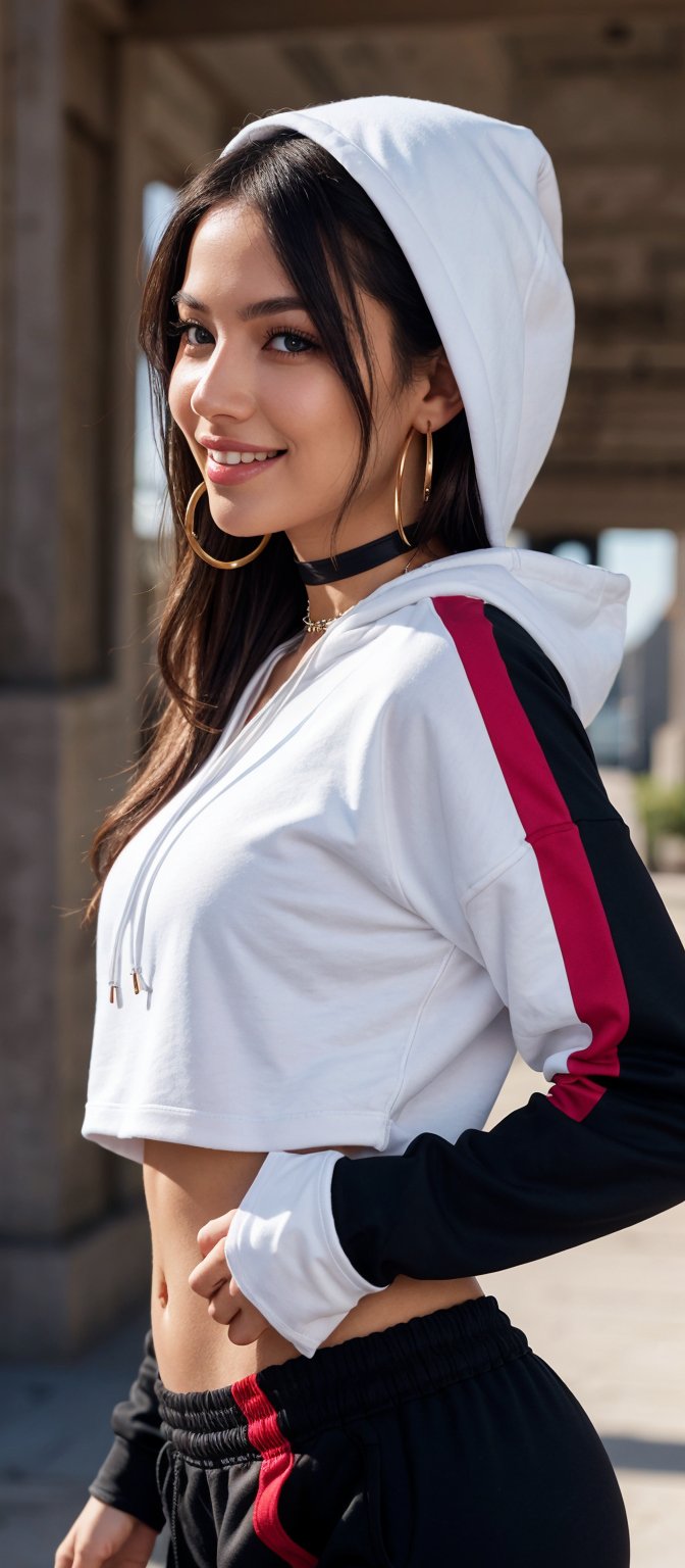 Generate hyper realistic image of a woman with extremely long, multicolored hair flowing down her back, blue eyes, and a radiant smile. She is dressed in a cropped hoodie with a hood up, revealing her midriff and complemented by fishnets and pants. Long sleeves cover part of her hands, and she wears a necklace, hoop earrings, and a choker. Her clear skin and slight head tilt give her a captivating presence. A small mole above her lips adds a touch of uniqueness to her look.