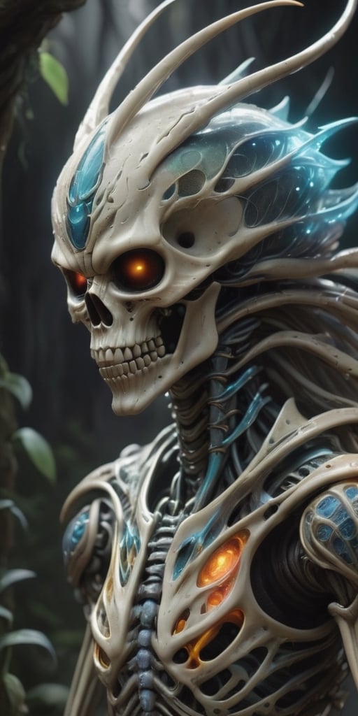 Generate hyper realistic image of  the skeletal alien is adorned with glowing, ethereal eyes that radiate a sense of ancient wisdom. Its jaw, lined with rows of sharp, serrated teeth, hints at its predatory nature and the primal instincts that lie beneath its enigmatic facade. From its skeletal fingertips extend tendrils of energy, weaving and pulsating with vibrant hues, as the alien manipulates the cosmic forces around it.