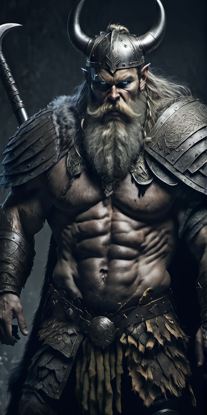  Create a hyper realistic viking in berserker mode fighting enemies.Fierce, strong , fast  grey hairs and beard , war paintings , viking armor with fur .Jigh detailed ,sharp focus.,Movie Still