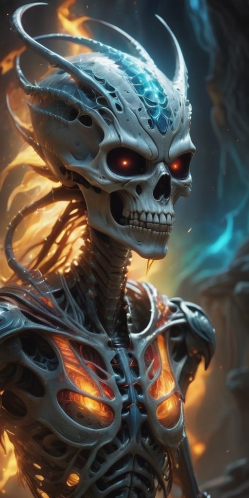 Generate hyper realistic image of  the skeletal alien is adorned with glowing, ethereal eyes that radiate a sense of ancient wisdom. Its jaw, lined with rows of sharp, serrated teeth, hints at its predatory nature and the primal instincts that lie beneath its enigmatic facade. From its skeletal fingertips extend tendrils of energy, weaving and pulsating with vibrant hues, as the alien manipulates the cosmic forces around it.