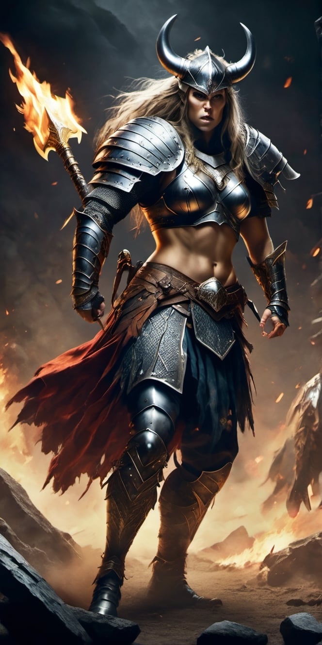  Create a hyper realistic female war maiden fighting with  enemies.Fierce, strong , fast  grey hairs, war paintings , viking armor with fur, shield and axe .high detailed ,sharp focus, dramatic lighting, dark colours, battlefield of norse.,photo r3al,detailmaster2