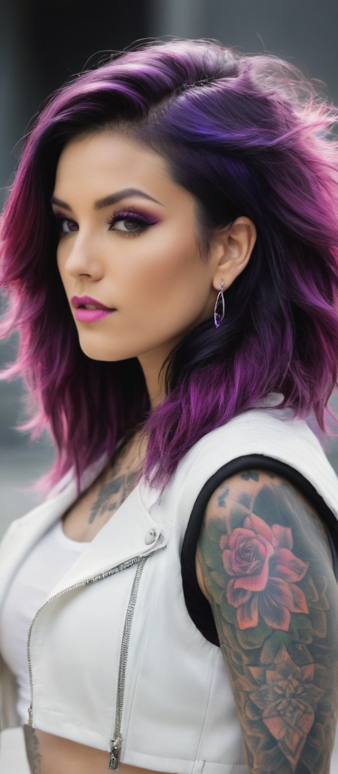 Generate hyper realistic image of a woman with an eye-catching and striking appearance. She has has long, flowing hair in a vivid purple shade, which cascades down her shoulders and back. She has a confident and composed expression, with makeup that accentuates her eyes and lips. Her eye makeup is dark and dramatic, She is wearing cross earrings and other ear piercings. She is wearing a white crop top that reveals her midriff, highlighting more tattoos on her chest and stomach. Over the crop top, she has a white jacket, worn open, which contrasts with her dark and vibrant hair and tattoos. The lighting casts a pink glow on her, enhancing the vividness of her hair and the details of her tattoos.