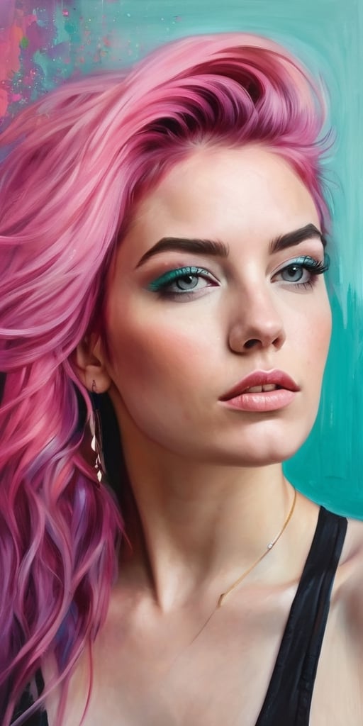 Generate hyper realistic image of  a young woman with vibrant, unconventional hair colors like shades of pastel pink and teal, expressing her artistic spirit while painting in an eclectic urban art studio filled with vibrant canvases.Extremely Realistic, up close, 
