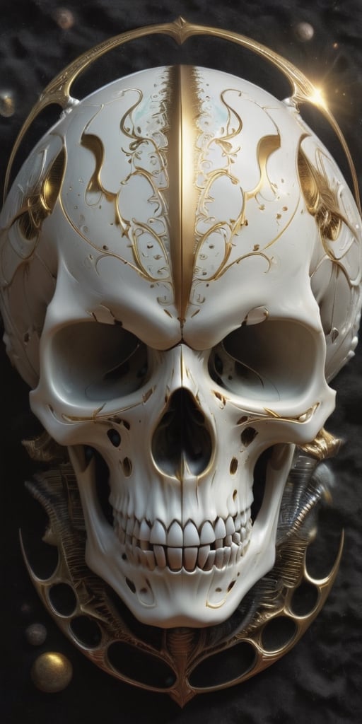 Generate hyper realistic image of the engraved alien skull is a mesmerizing artifact that captivates all who lay eyes upon it. Crafted from an unknown, otherworldly material, the skull possesses an ethereal quality that seems to shimmer and glow with an otherworldly luminescence. Its surface is smooth and polished, with a slight iridescence that hints at its extraterrestrial origin.