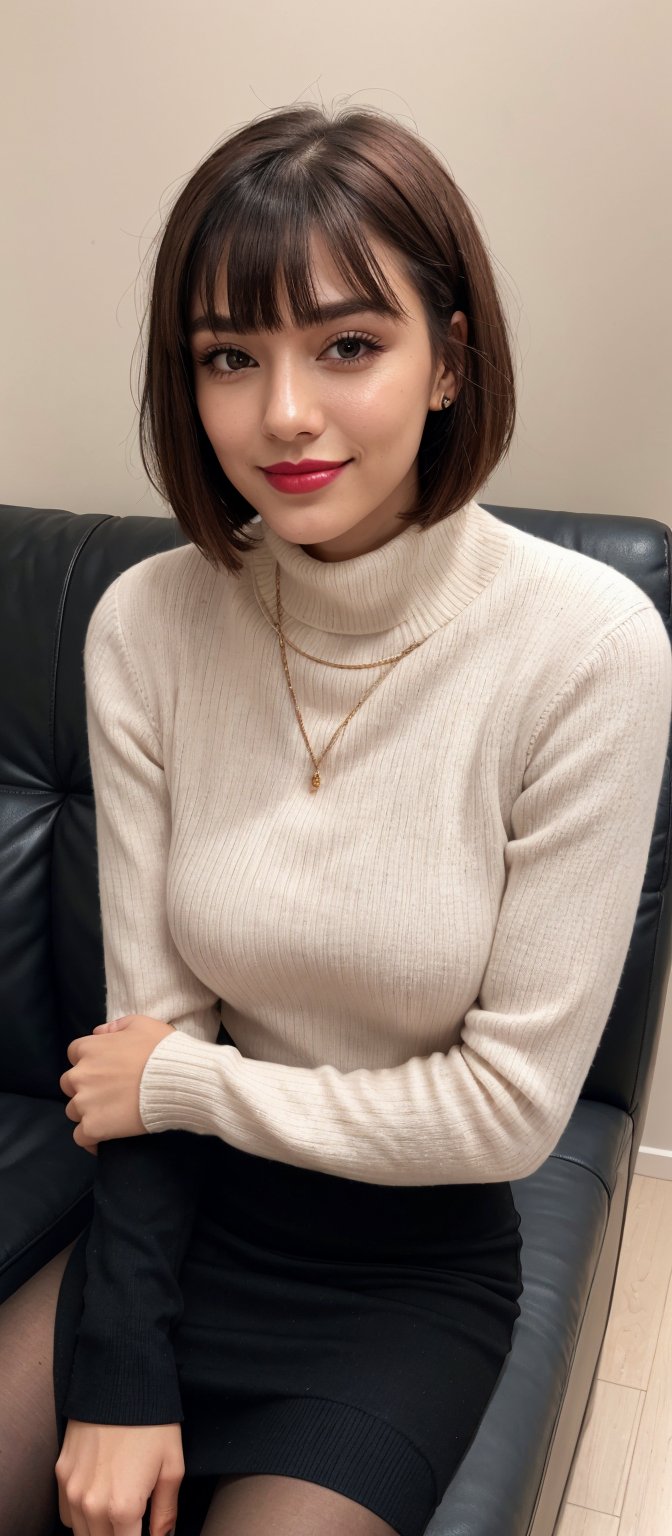 Generate hyper realistic image of a woman with short red hair styled in a bob cut with blunt bangs, looking at the viewer with blue eyes and a closed mouth. She is sitting with her head tilted slightly, her own hands together on her lap, wearing a white turtleneck sweater paired with a black high-waist pencil skirt. She has on shiny red pantyhose and shiny makeup, including pink lips and clear skin. She is smiling subtly, her nose and red lips highlighted by her makeup, her outfit completed by a black sweater over her turtleneck.