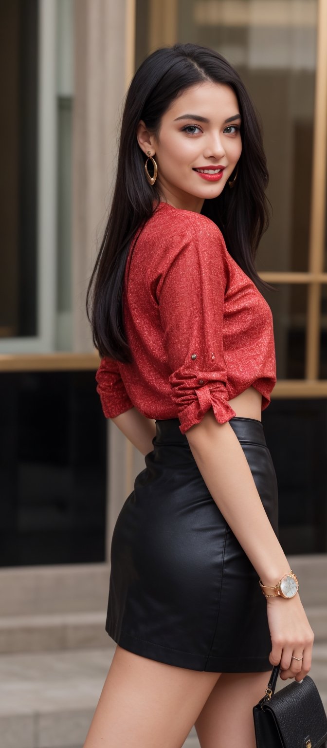Generate hyper realistic image of a woman with long, black hair cascading down her back, adorned in a red shirt and a sleek black skirt. Her striking blue eyes sparkle beneath carefully crafted dark makeup, complementing her radiant smile and red lips. She accessorizes with elegant jewelry, including earrings and a golden wristwatch, as she confidently strides with her black handbag, showcasing her tanned skin and graceful, long legs.