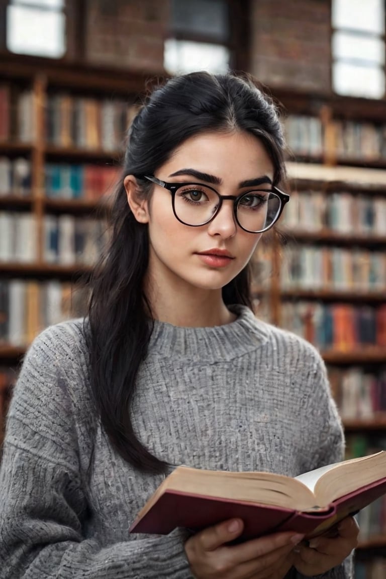 create a hyper realistic image of cute nerd type girl with glasses reading book in library, black hair, wearing  sweater, gray eyes. long dark eyebrows, long eyelashes, background of outside , 8k, high detailed, sharp focus.,