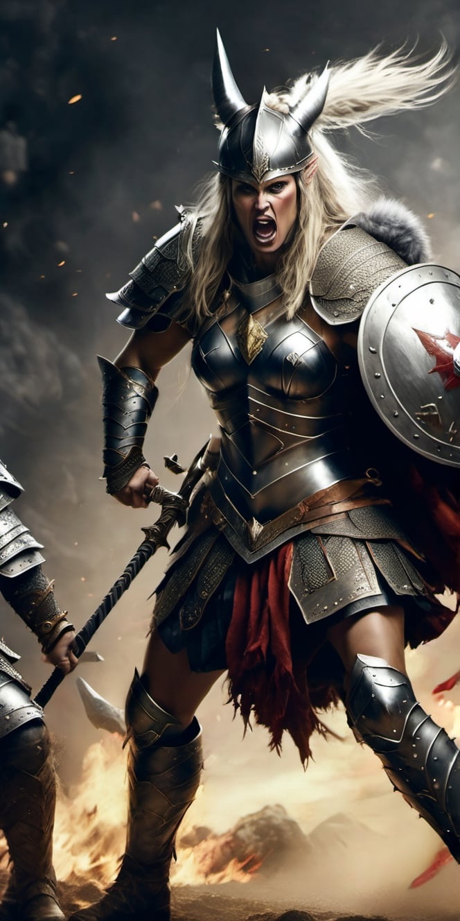  Create a hyper realistic female war maiden fighting with  enemies.Fierce, strong , fast  grey hairs, war paintings , viking armor with fur, shield and axe .high detailed ,sharp focus, dramatic lighting, dark colours, battlefield of norse.,photo r3al,detailmaster2