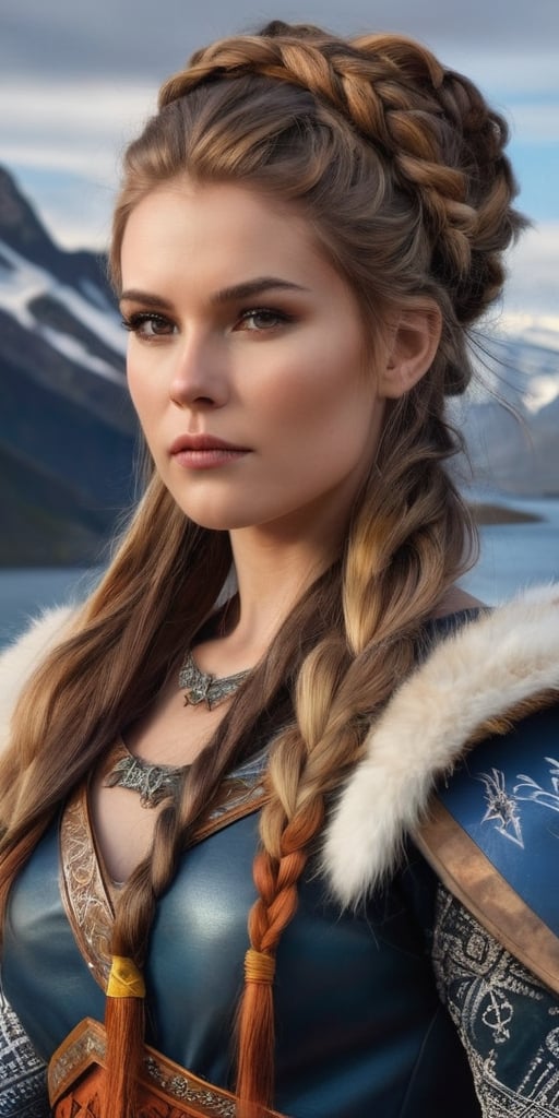 Generate hyper realistic image of a Viking-inspired queen, wearing a royal dress crafted from fur and leather, her long hair adorned with intricate braids. Place her in a Nordic landscape with rugged mountains and a ship on the horizon.