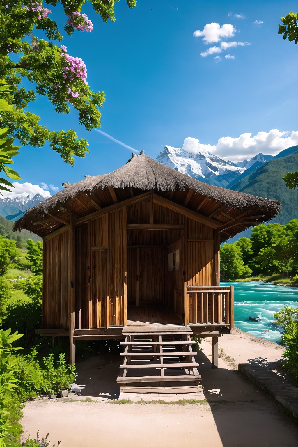 a village beautiful stilt hut made of local bush material, situated near a mountain river, surrounded by beautiful flowers, more huts at background, sealed footpaths connecting houses, mountains at background