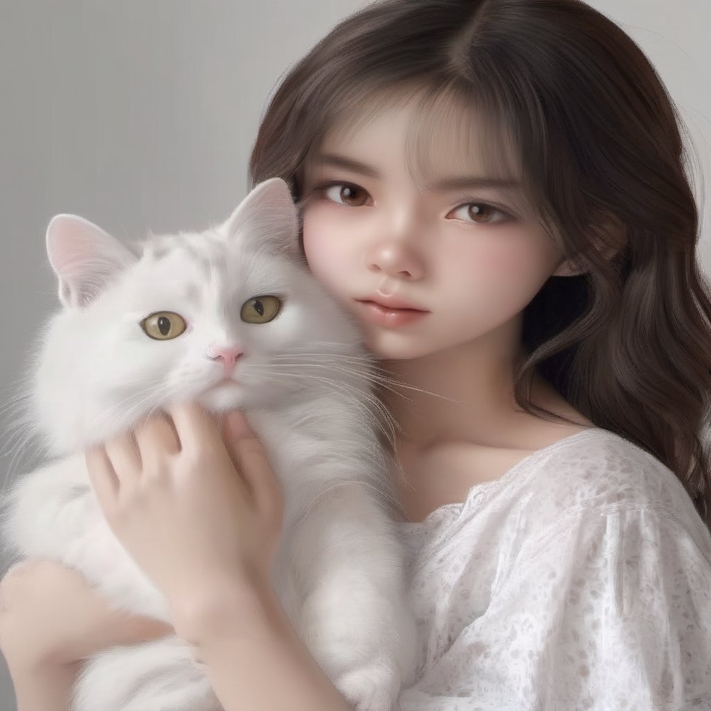 A single girl with long, brown hair and brown eyes is looking directly at the viewer. She is wearing a white shirt and is depicted from the upper body up. Her lips are slightly parted, adding to the realistic portrayal. She is holding a white cat, cradling the animal gently in her arms. The detailed, realistic style captures the tenderness of the moment between the girl and the cat.,FuturEvoLab-girl,Asian