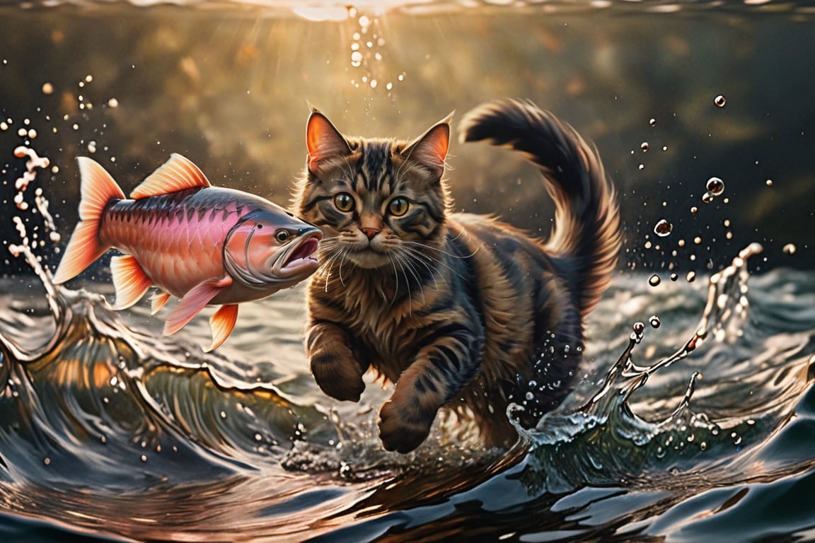 in alcohol ink, an action shot of a Cat chasing pink salmon, encaustic, perfect composition, beautiful detailed intricate insanely detailed octane render trending on artstation, 8 k artistic photography, photorealistic concept art, soft natural volumetric cinematic perfect light, chiaroscuro, award - winning photograph, masterpiece, oil on canvas, raphael, caravaggio, greg rutkowski, beeple, beksinski, giger