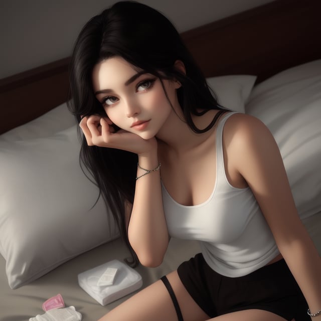 A young woman with long, dark hair and piercing black eyes gazes directly at the viewer, her closed mouth forming a subtle smile. She's standing on her bedroom floor, wearing a white tank top and short black shorts, her hand resting on her cheek as she leans forward slightly. A pillow lies nearby, and a tissue box sits on the edge of the bed, with a delicate bracelet adorning her wrist. Her lips are plump and inviting, framing a warm, inviting smile.,Bomi